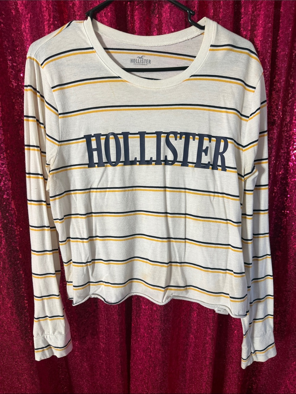 Hollister Cream Long Sleeve Top with Navy & Mustard Stripes